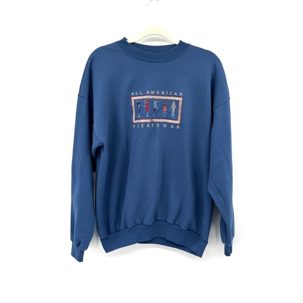 vintage Blue All American Fisherman fish lure long sleeve crewneck sweatshirt L